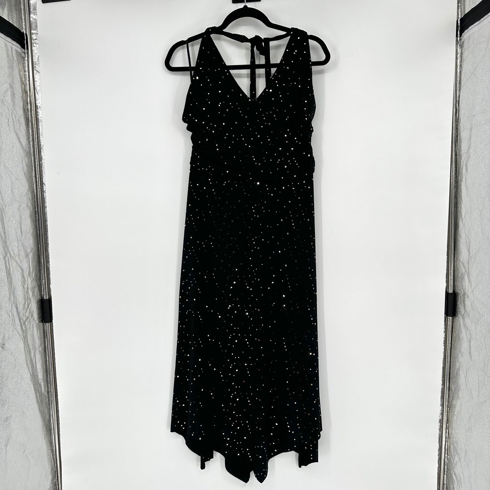Vintage Mariage Black Halter Asymmetrical Gold Polka Dot Specked Dress 14